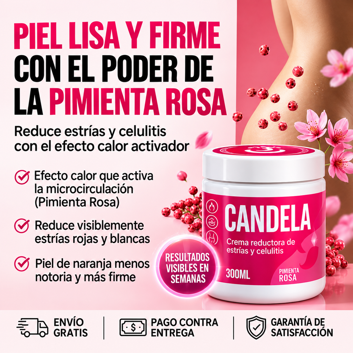Candela – Crema Reductora de Estrías y Celulitis con Pimienta Rosa, Paga 1 y Lleva 2