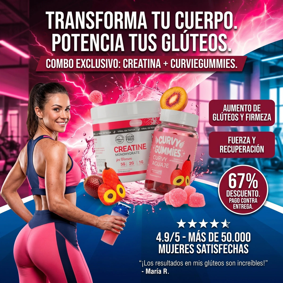 Combo Glute Pro Creatina monohidratada + Curvy Gummies | Crecimiento y Forma a tu Gluteos | Paga al recibir + Envío Gratis