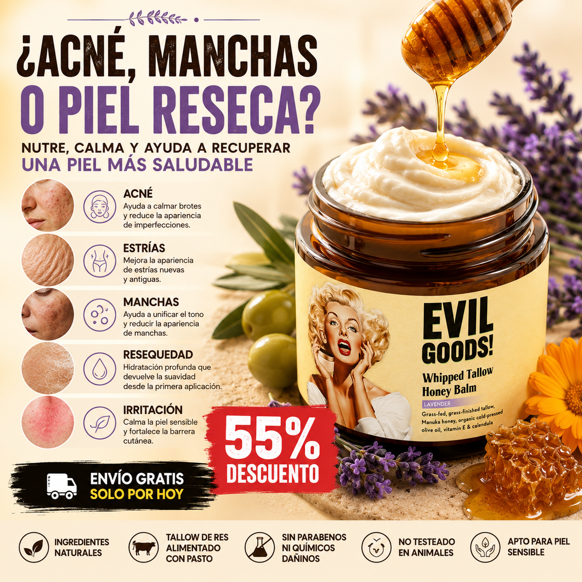 (55% Descuento) Crema Hidratante Natural EVIL GOODS ORIGINAL – Adiós Acné y Piel Seca