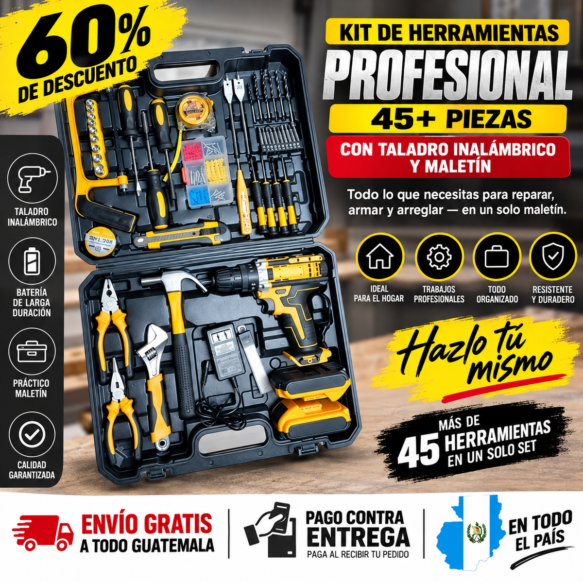 Kit de Herramientas Profesional 45+ Piezas con Taladro Inalámbrico y Maletín