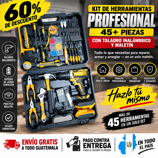 Kit de Herramientas Profesional 45+ Piezas con Taladro Inalámbrico y Maletín