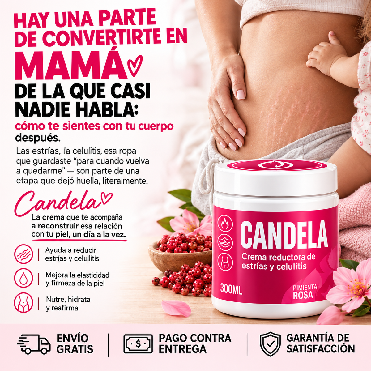 Candela – Crema Reductora de Estrías y Celulitis con Pimienta Rosa, Paga 1 y Lleva 2