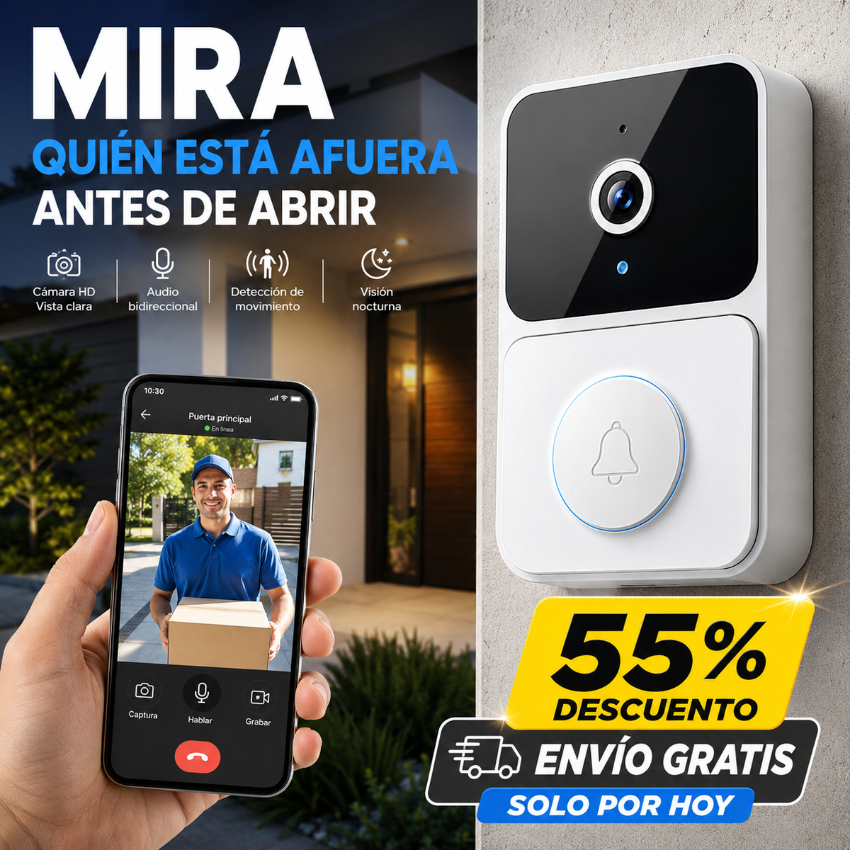 (55% DESCUENTO) Timbre Inteligente con Cámara WiFi | Mira, Escucha y Habla desde tu Celular