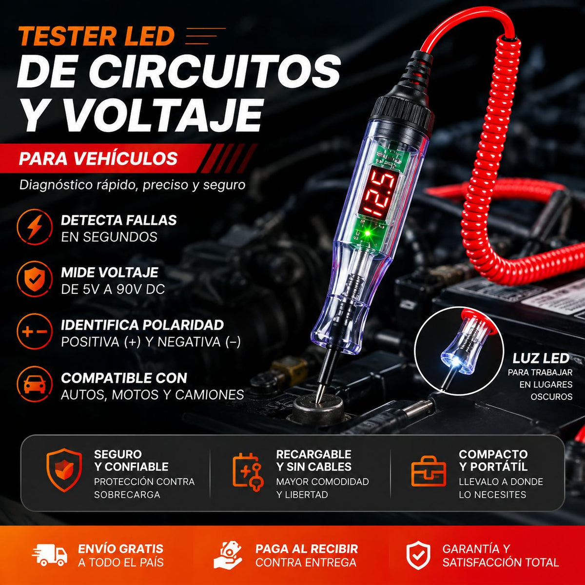 VOLTERCHEK Tester led de circuitos y voltaje para vehiculos + Envio Gratis + Pago Contra Entrega