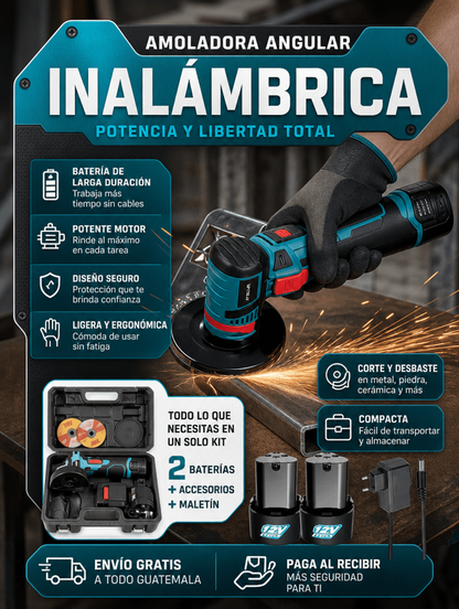 Amoladora TurboCut 12V  Inalámbrica 12V – Kit Completo con 2 Baterías, Maletín y Accesorios
