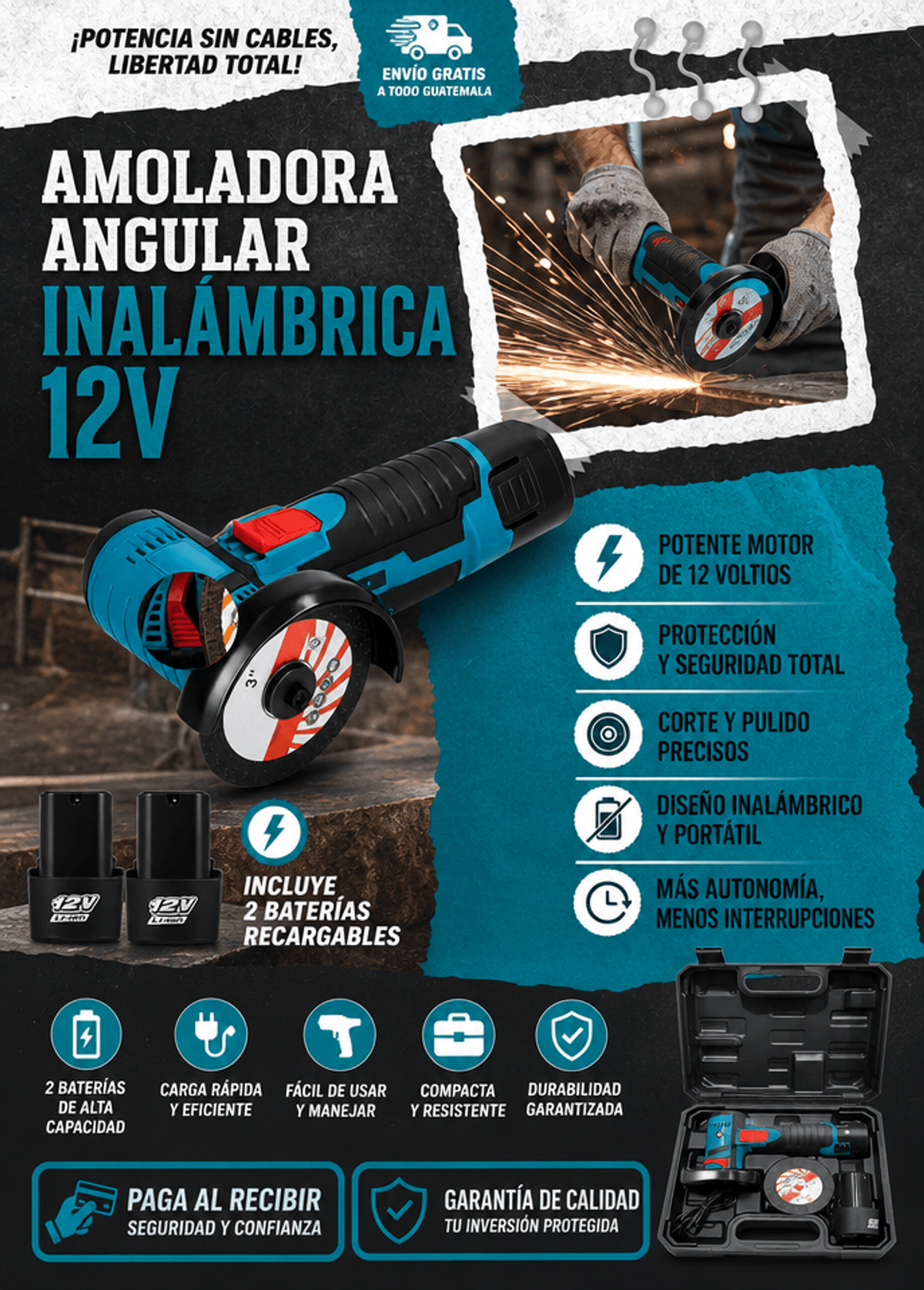 Amoladora TurboCut 12V  Inalámbrica 12V – Kit Completo con 2 Baterías, Maletín y Accesorios