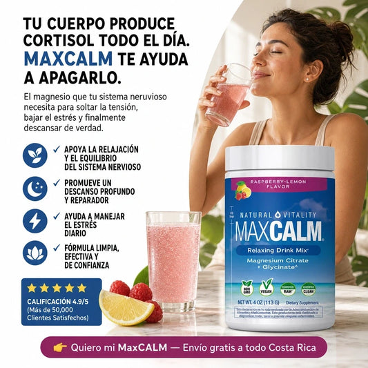 MaxCALM en Polvo | Magnesio para Bajar el Cortisol, Dormir Mejor y Soltar la Tensión | Sabor Frambuesa Limón | 60 OFF + Envio Gratis